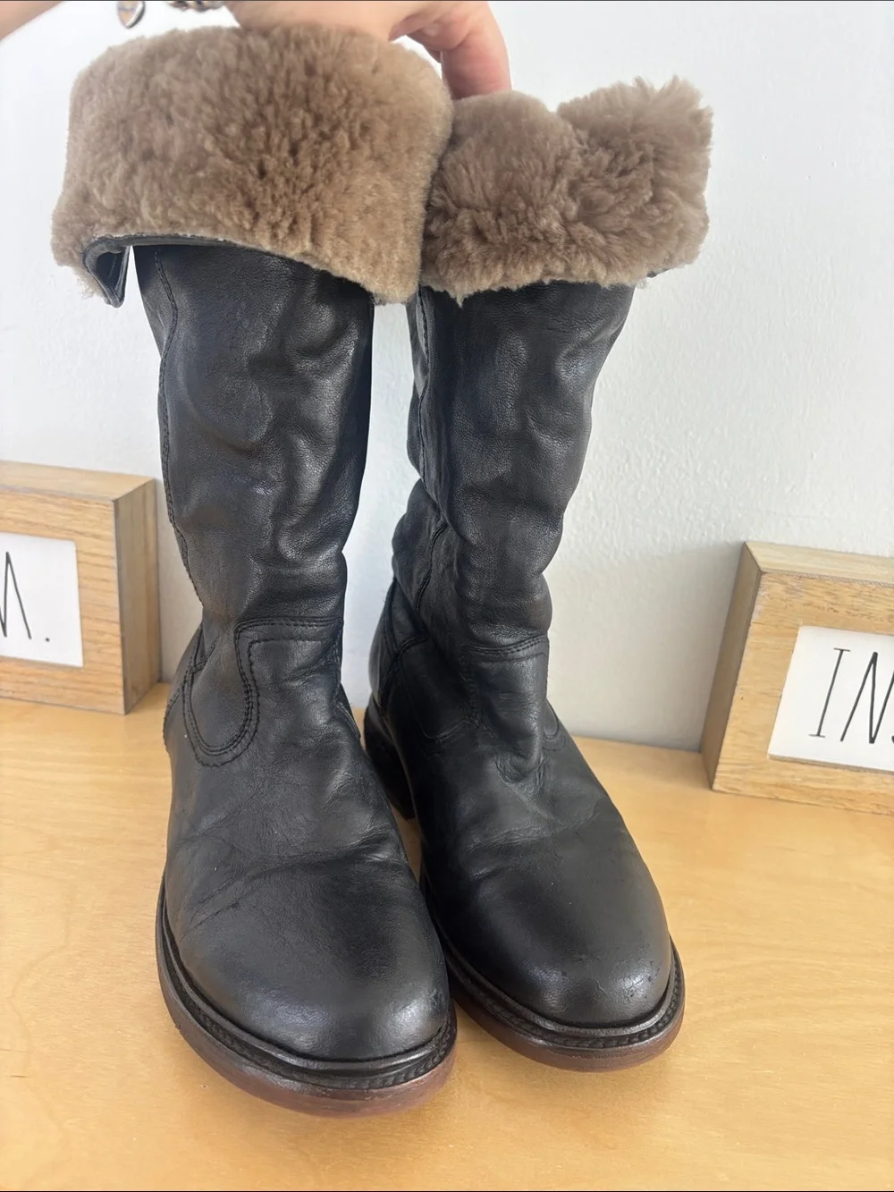 Frye Black Leather Tall Boots with Tan Shearling Cuff